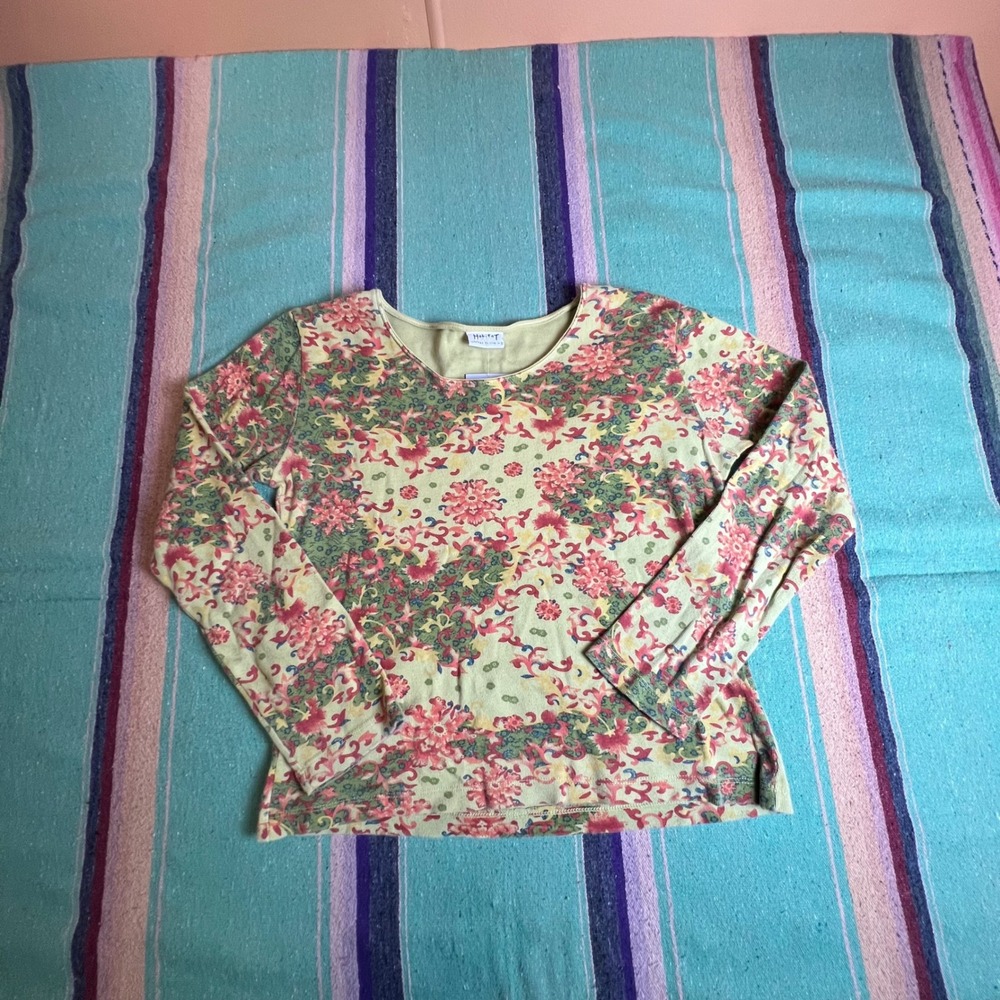 Floral Top Womens Small Green Red Long Sleeve Cotton Ribbed Art to Wear